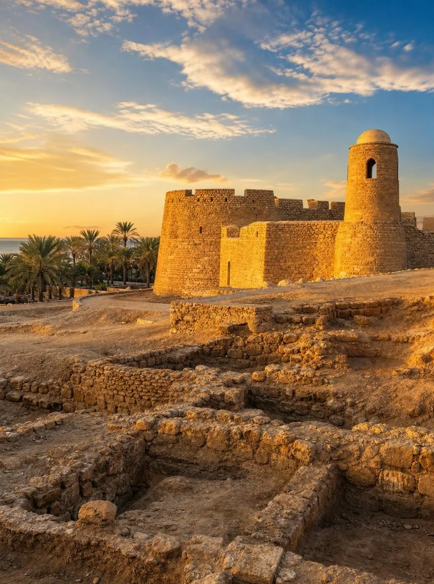 Die restaurierten Steinmauern und Türme des Bahrain Fort im goldenen Abendlicht, ausgegrabene Mauern im Vordergrund und Palmenhaine dahinter