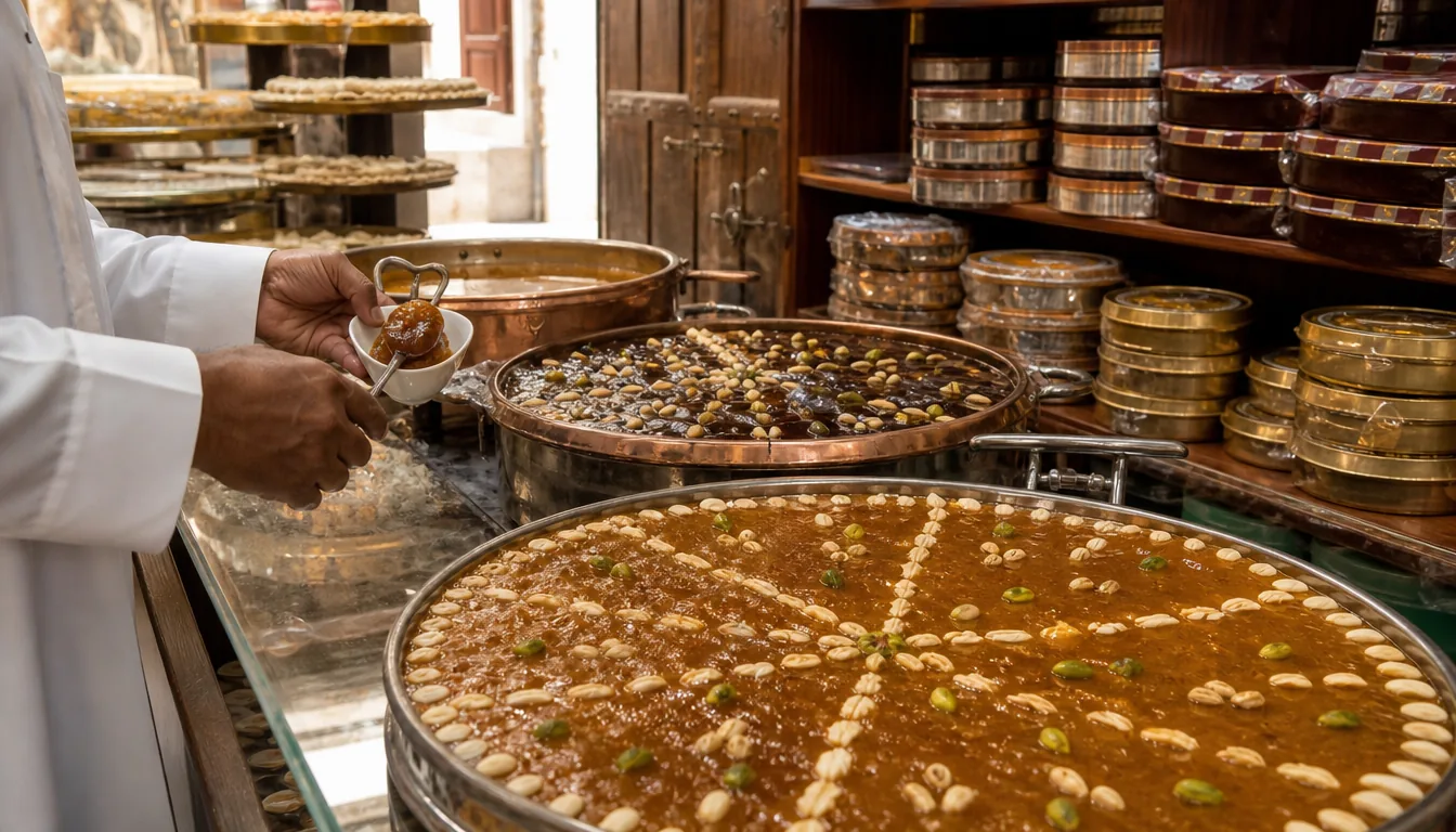 Bleche mit glänzender bernsteinfarbener bahrainischer Halwa mit Nüssen in einem traditionellen Süßwarenladen
