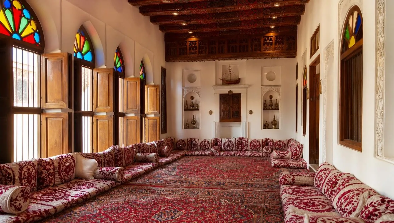 Die restaurierte Majlis im Haus eines Perlenhändlers in Muharraq, mit Teppichen, Kissen und farbigen Glasfenstern