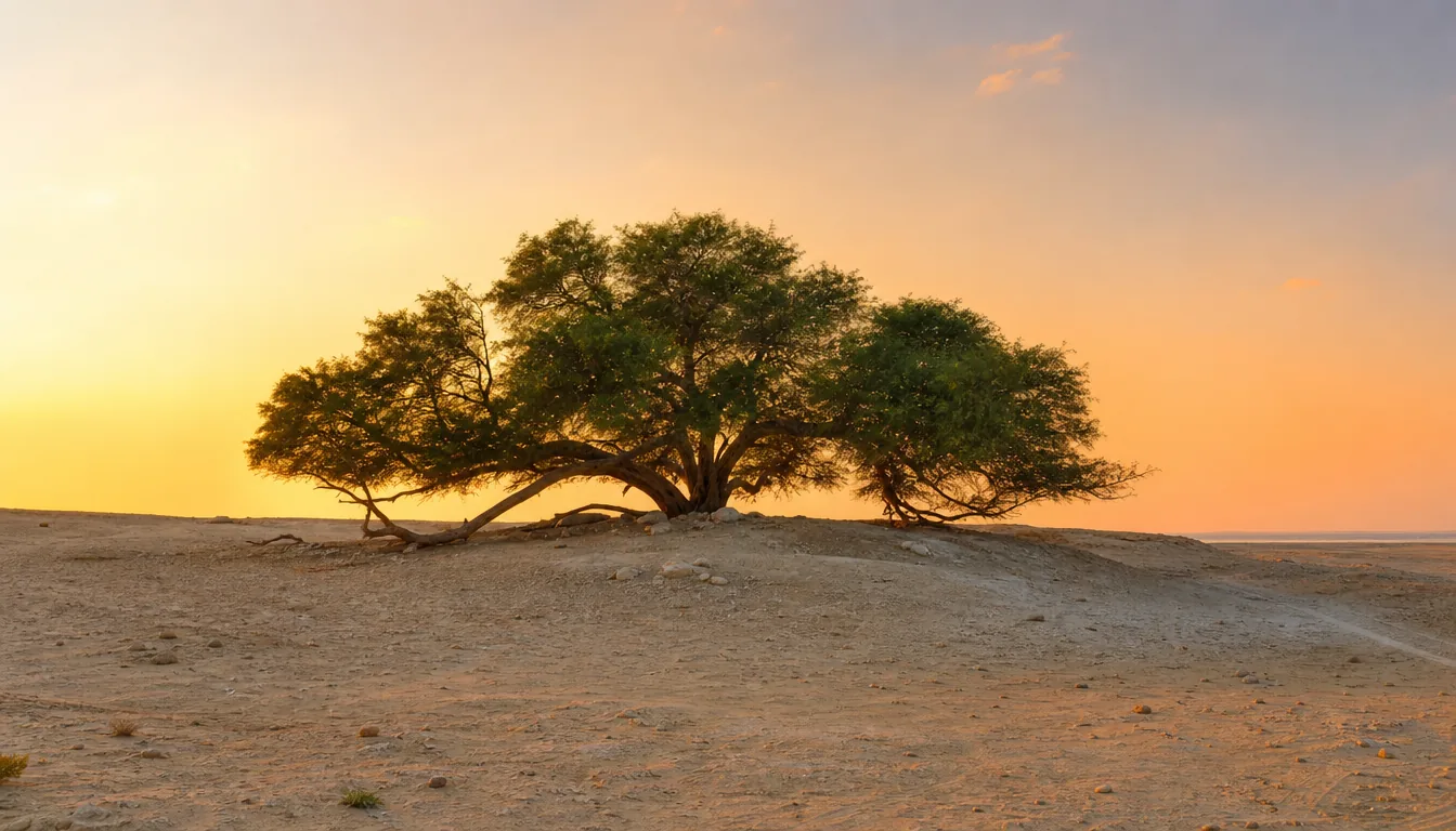 Der einsame Baum des Lebens auf einem niedrigen Sandhügel zur goldenen Stunde, ohne Menschen