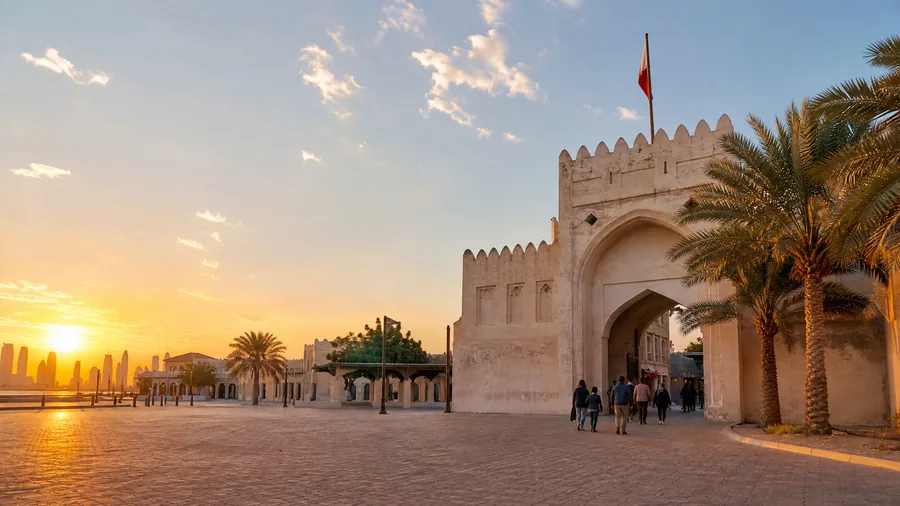 Das weiße Bogentor Bab Al Bahrain bei Sonnenuntergang, daneben Palmen und Besucher auf dem Weg zum Souk