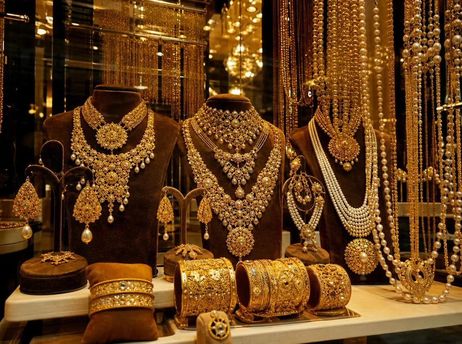 Ein Schaufenster im Gold-Souk voller Goldketten, Armreifen und Perlenschnüre