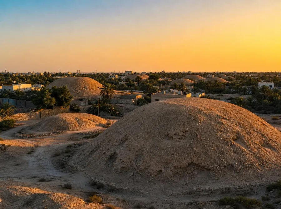 Uralte Dilmun-Grabhügel in A'ali zwischen Dorfhäusern und Palmen im goldenen Abendlicht